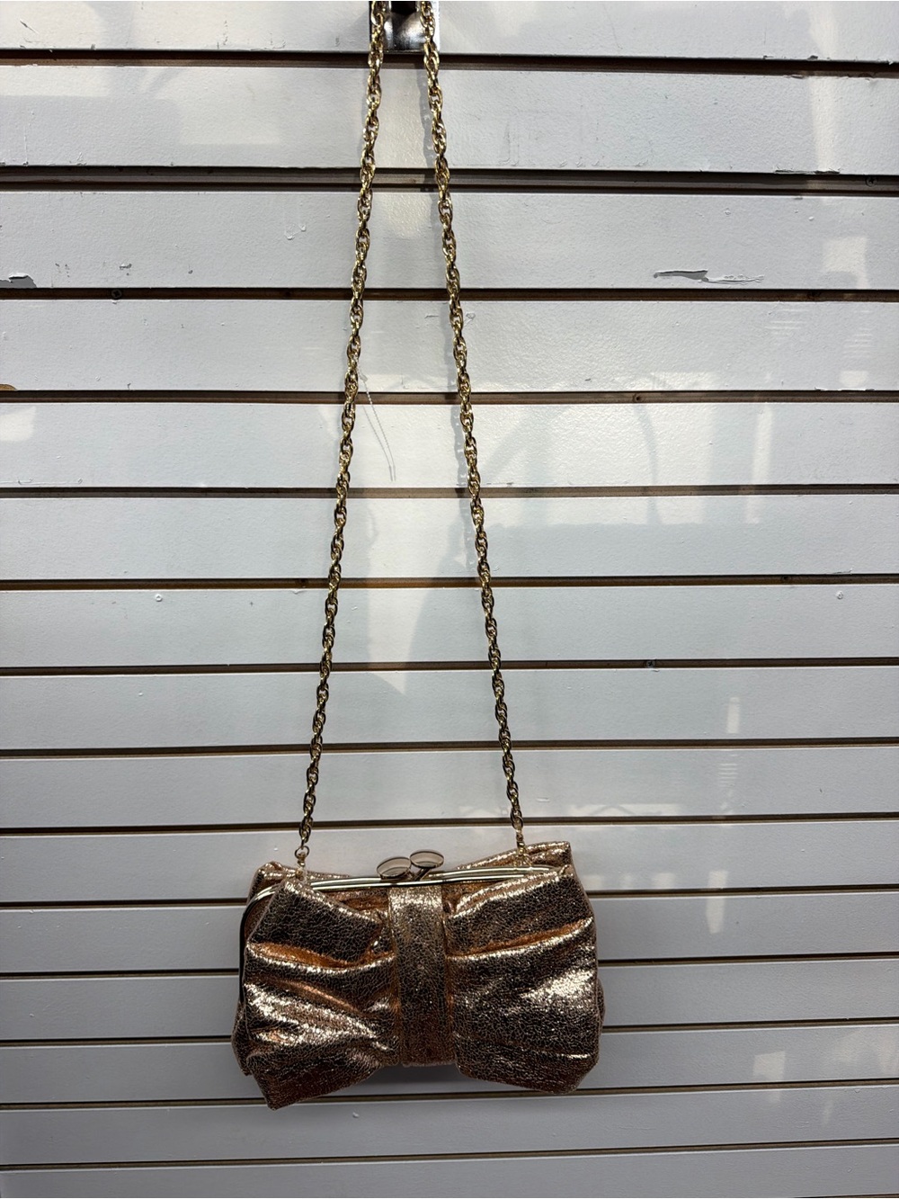 Rose Gold Metallic Bow Clutch | Evening Crossbody Bag with Chain Strap